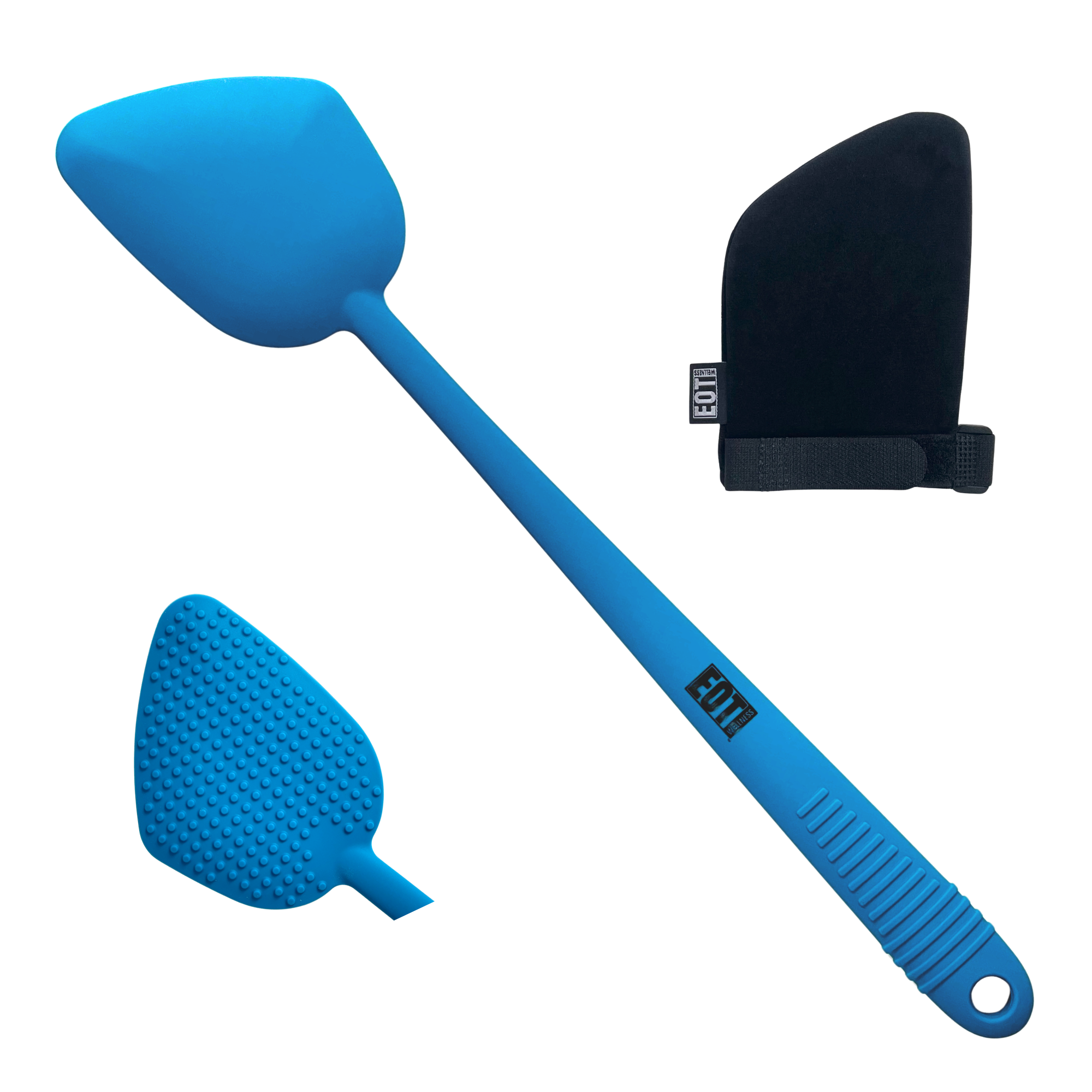 EOT Wellness bendable long-handled lotion applicator in blue, shown with a detachable silicone head and black microfiber mitt against a white background
