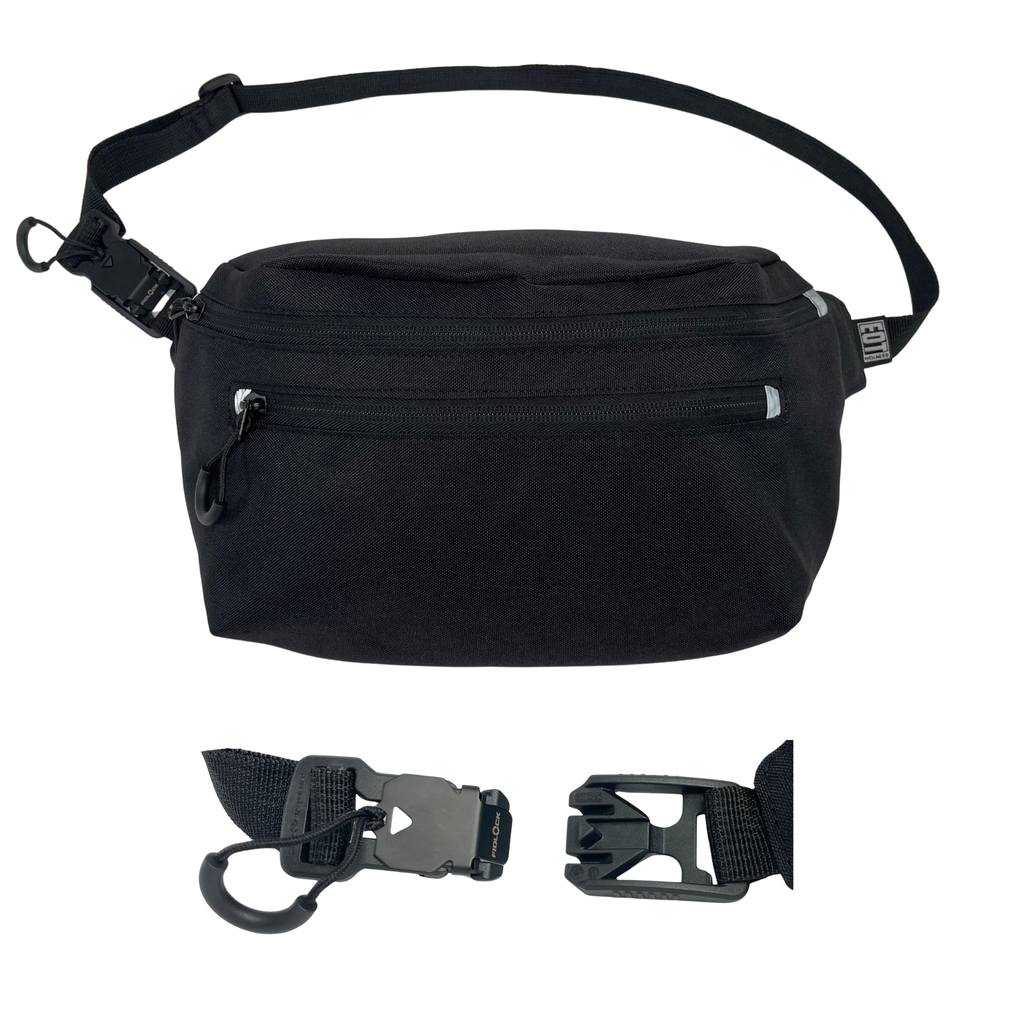 EOT Wellness accessible fanny pack in black, shown with close-up of the magnetic FidLock buckle open and closed.