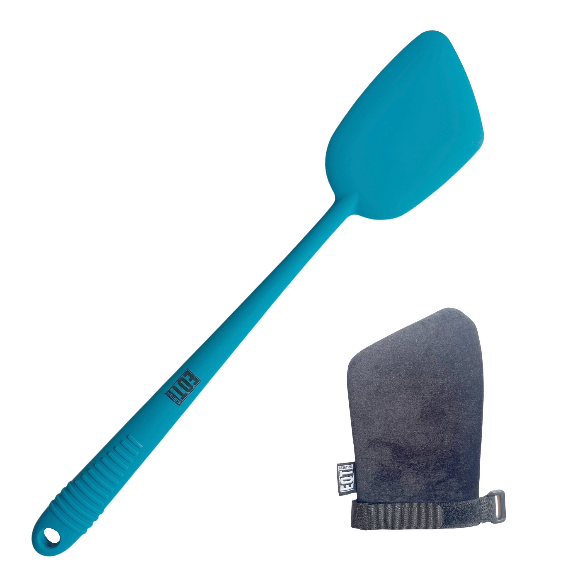 A wide view of the EOT Wellness long-handled lotion applicator and a black mitt. The product is blue against a white background