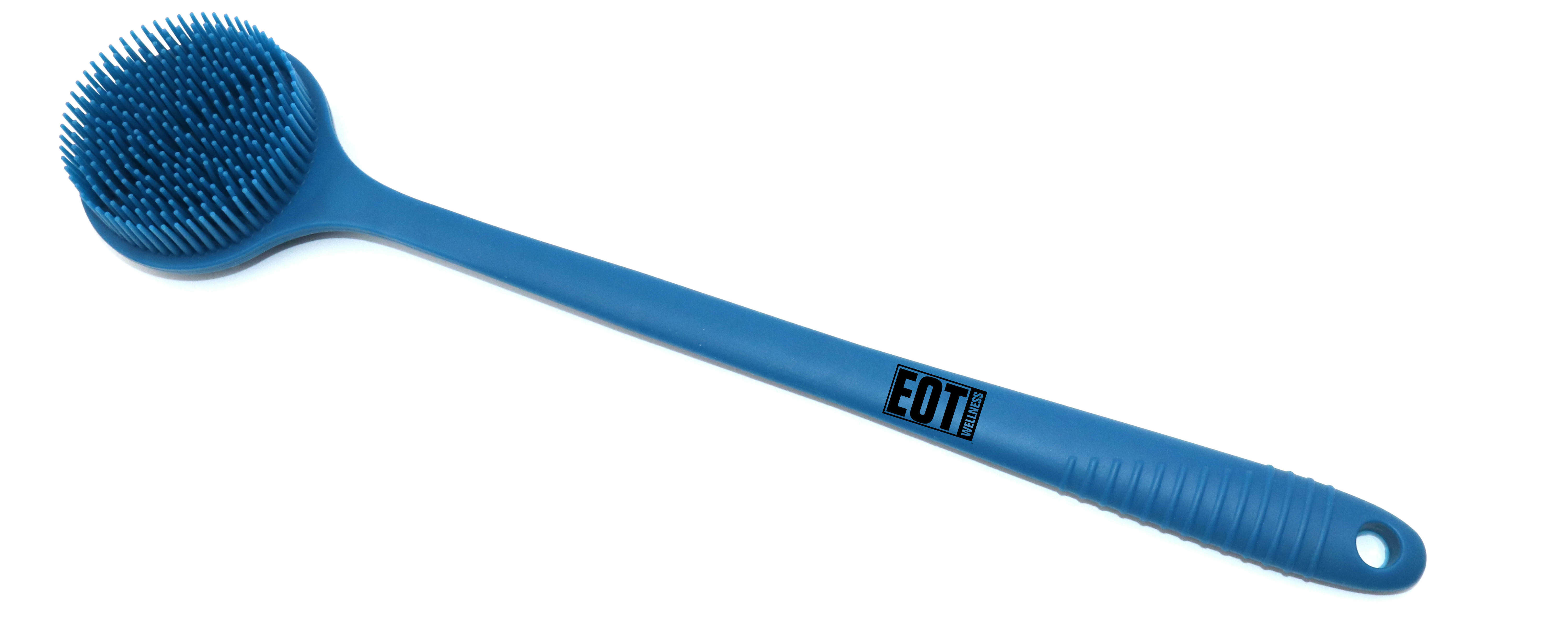 A wide view of the EOT Wellness long-handled scrubber. The product is blue against a white background